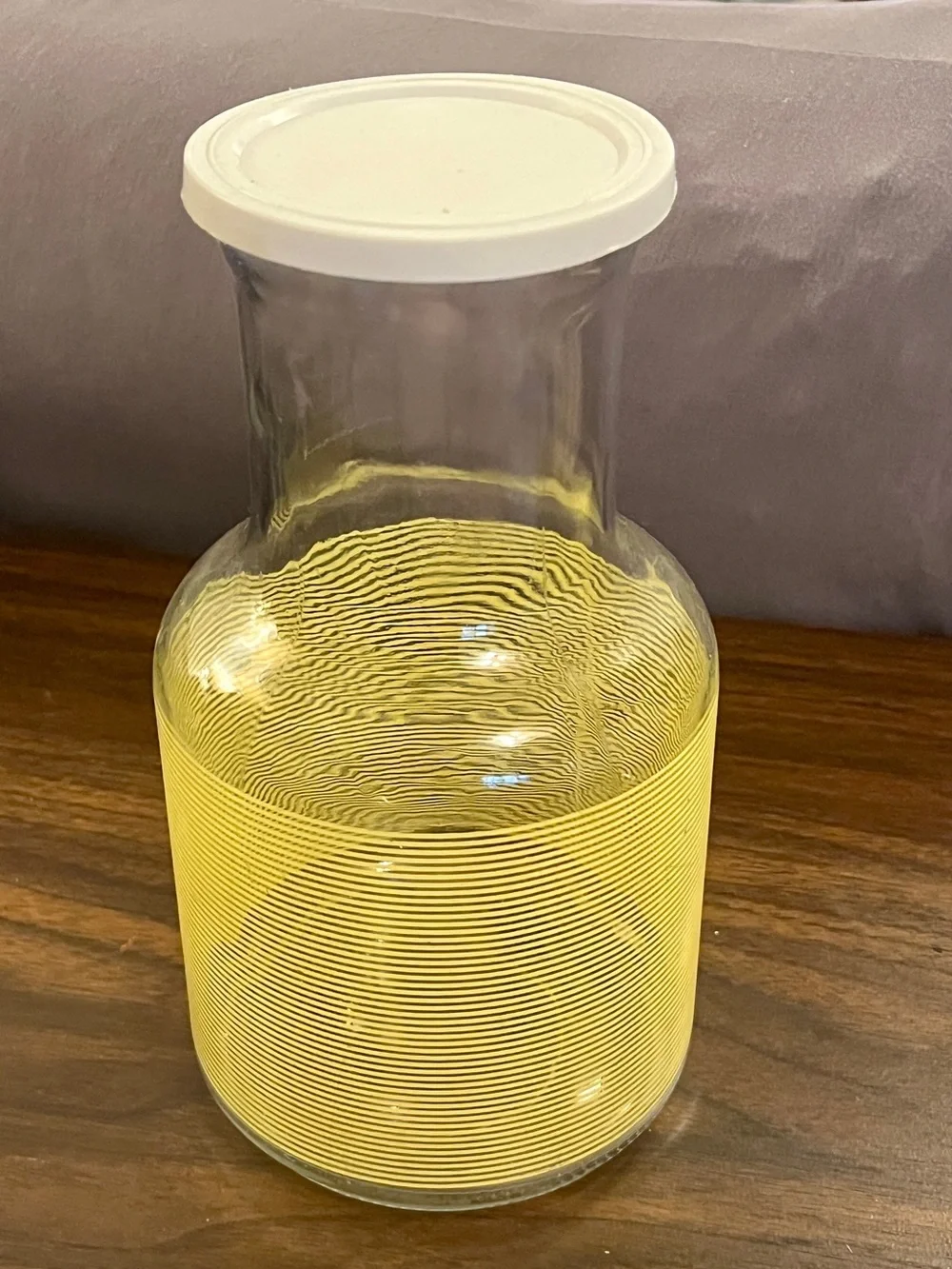 Clear Glass Carafe with Yellow Band and White Lid
